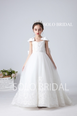 white beading lace bow flower girl dress sweep train slt007